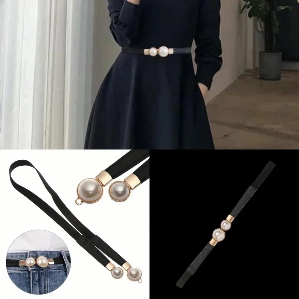 Thin Double Faux Pearl‎ Buckle Solid Color PU Leather Waist Thin Belt One Size